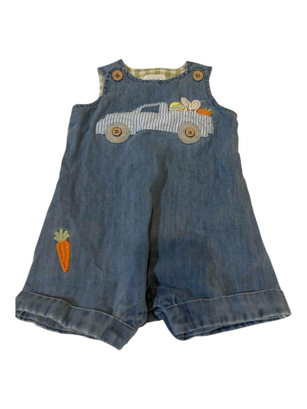 Mud Pie Denim Blue Overalls with Car & Carrot Appliqués